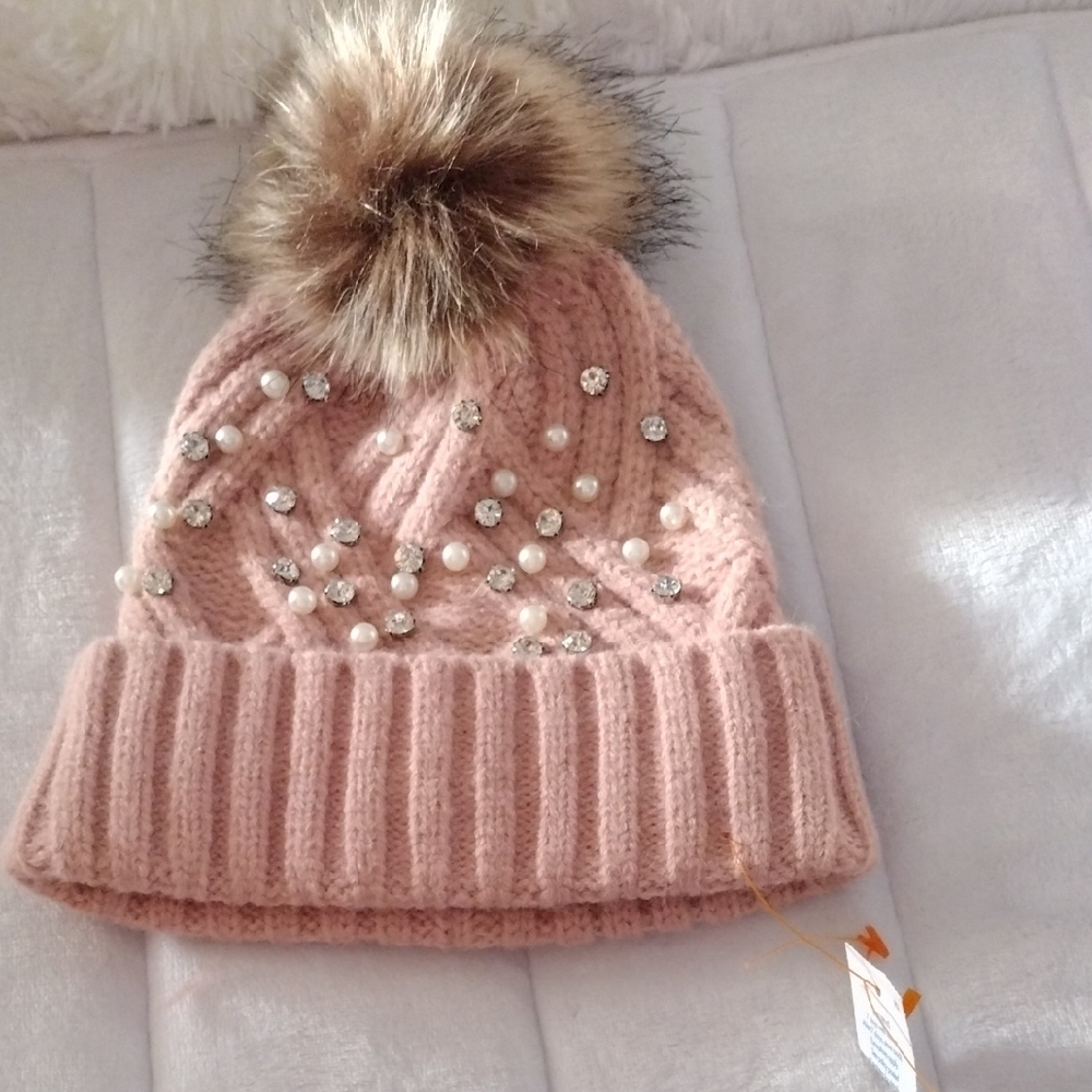 Mauve  Knit Beanie with Faux Fur Pom Pom With Embellishments